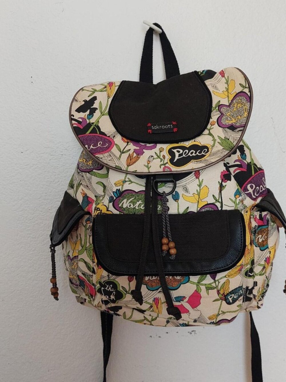 Sakroots multicoloured backpack with adjustable straps peace birds zipper #boho